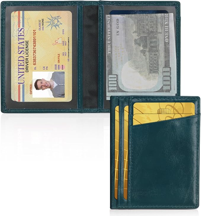 Unaone Slim Minimalist Wallet - Premium Leather RFID Blocking Front Pocket Wallets with 8 Card Slots and 2 ID Window, Drak Green - Image 2