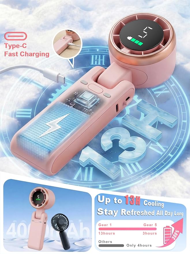 Portable Handheld Turbo Fan, 5 Gear Wind, Battery Operated, Up to 13 Working Hours Rechargeable Fan, 3 IN 1 Hand Fans with Air Turbo Tech Cooling Fan for for Travel, Beach, Outdoor - Pink - Image 5