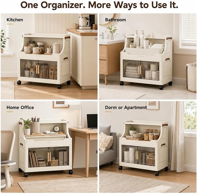 2 Tier Stackable Storage Bins with Lids & Wheels | PP construction with open top storage, clear doors and lockable wheels for kitchens, bathrooms, pantries and apartments. - Image 8