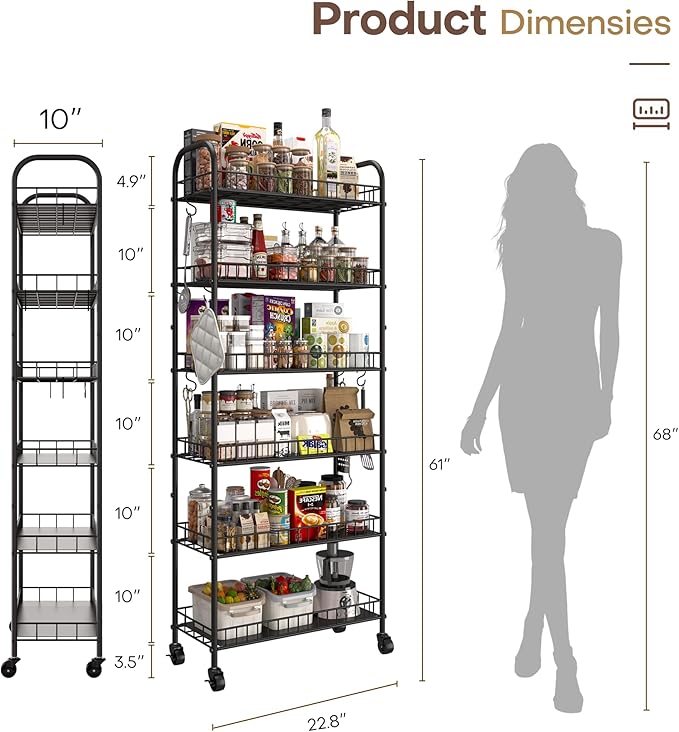 6 Tier Slim Storage Cart with Wheels, Metal Mobile Shelving Unit Organizer Utility Cart for Office Bathroom Kitchen Laundry Room Narrow Places (10inches) - Image 5