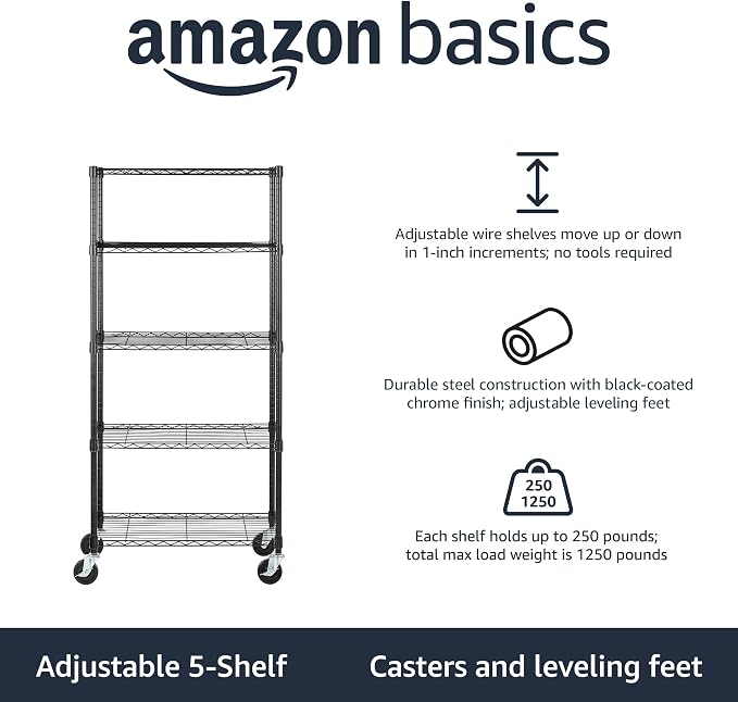 Amazon Basics 5-Shelf Heavy Duty Garage Shelving Storage Rack with 4" Wheel Casters, Adjustable Metal Wire Organizer, 300 lbs Per Shelf, 30" x 14" x 64.75", Black - Image 4