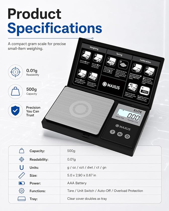 Digital Pocket Gram Scale 500g x 0.01g High Precision with Tray | Weighs Small Food, Jewelry, Ounces, Grains, LCD Display, Tare Function - Image 9