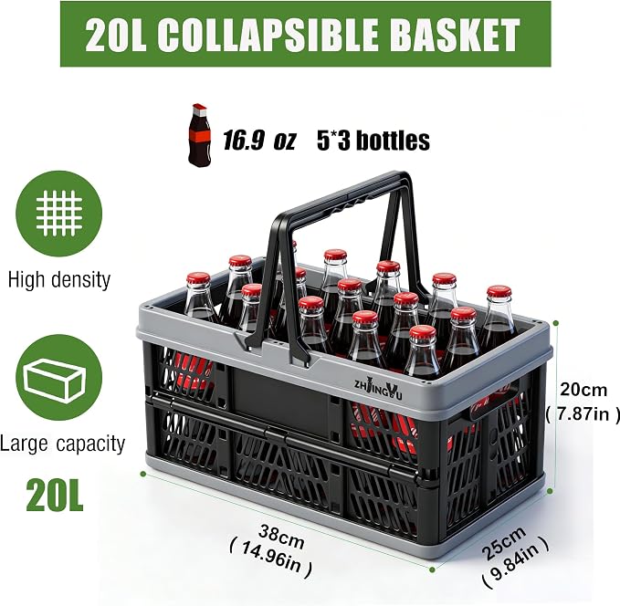 20L Plastic Basket with handles,2-pack Black Collapsible crates for storage | 14.96"x9.84"x7.87" foldable shopping basket ,foldable crate with Handles for car Classroom Kitchen Bathroom Medicine Milk - Image 4