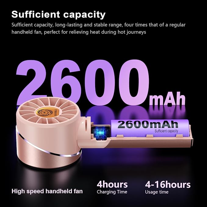 Handheld Fan,Portable Turbo Fan,Powerful Personal Fan(7000rpm High-Speed Motor,Battery Work 3-16 H),USB Rechargeable Mini Handheld Fan for Travel/Outdoor/Gift/Makeup (Rose Pink) - Image 4