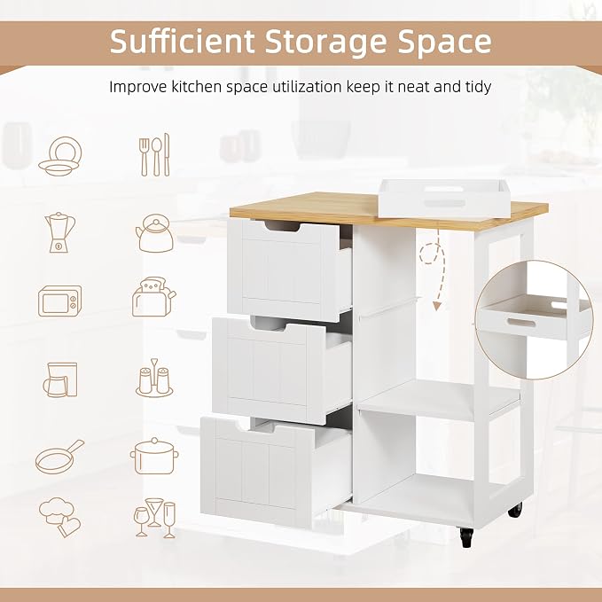 Shintenchi Kitchen Island Cart with Storage,Rolling Kitchen Island Storage Cabinet,Side Table on Wheels with Worktop,3 Open Shelves and 3 Drawers for Kitchen,Dinning Room, White - Image 3