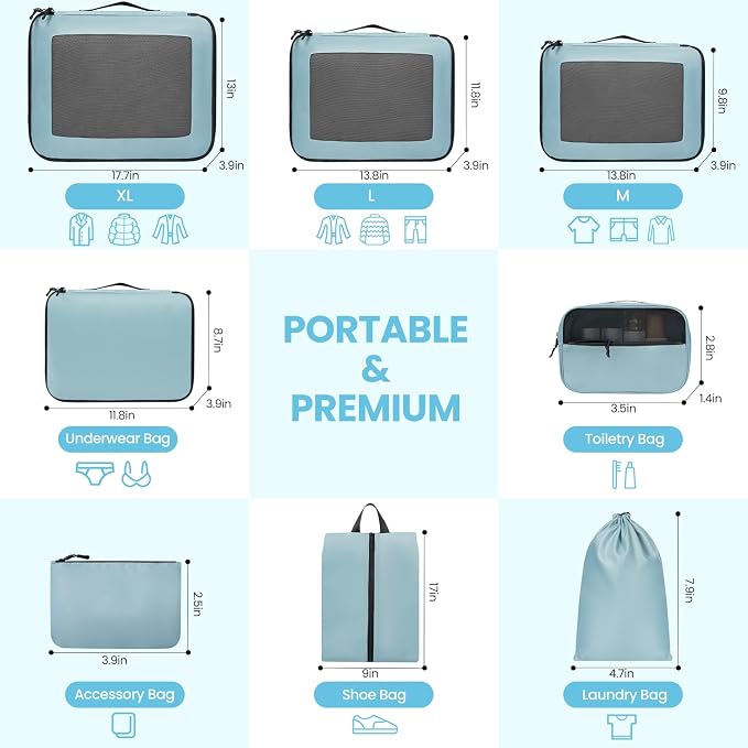 Mesh Packing Cubes for Travel, Durable Luggage Organizer with Sturdy Material and Double Zippers, Comprehensive Set for Travel Accessories Storage, 8 set, teal - Image 2