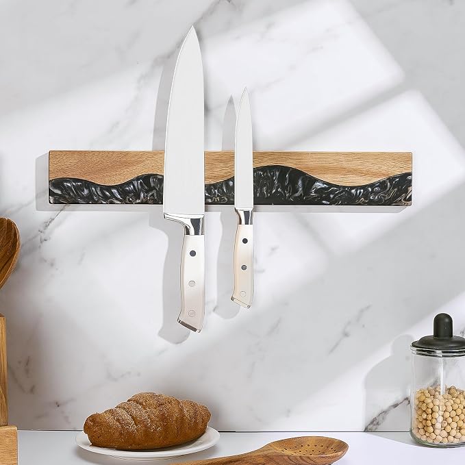 Magnetic Knife Holder for Wall 16 Inch, Acacia Wood Epoxy Resin Magnetic Knife Strip Bar, Powerful Magnet Kitchen Knife Storage Rack, Space-Saving Wall Mounted Organizer ("Onyx" Black Resin) - Image 3