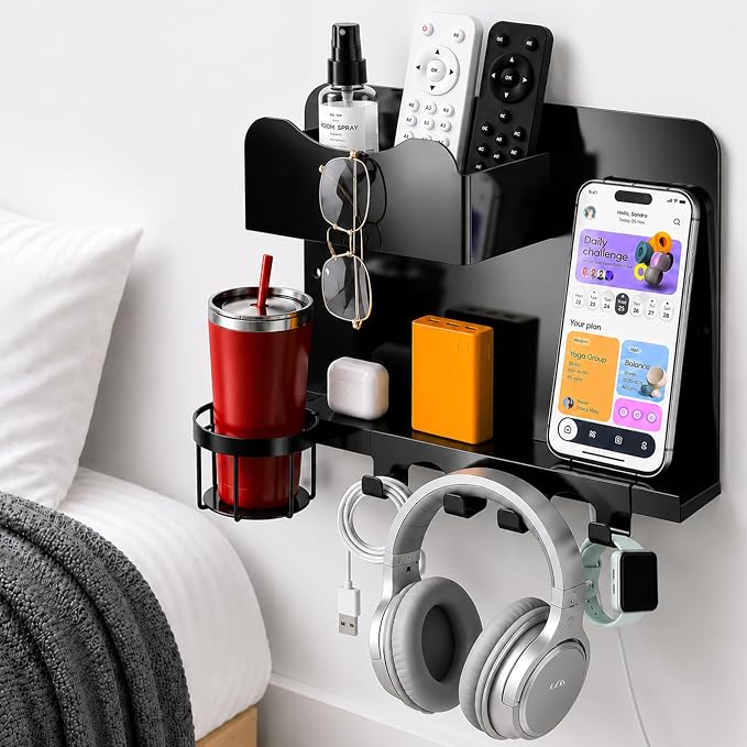 Metal Bedside Wall Shelf, No Drill Floating Bedside Shelf Wall Organizer | Bedside Wall Shelf with Detachable Cup Holder for Bedroom, Dorm, Nightstand Alternative, Bunk Bed Accessories & RV Storage by Unknown