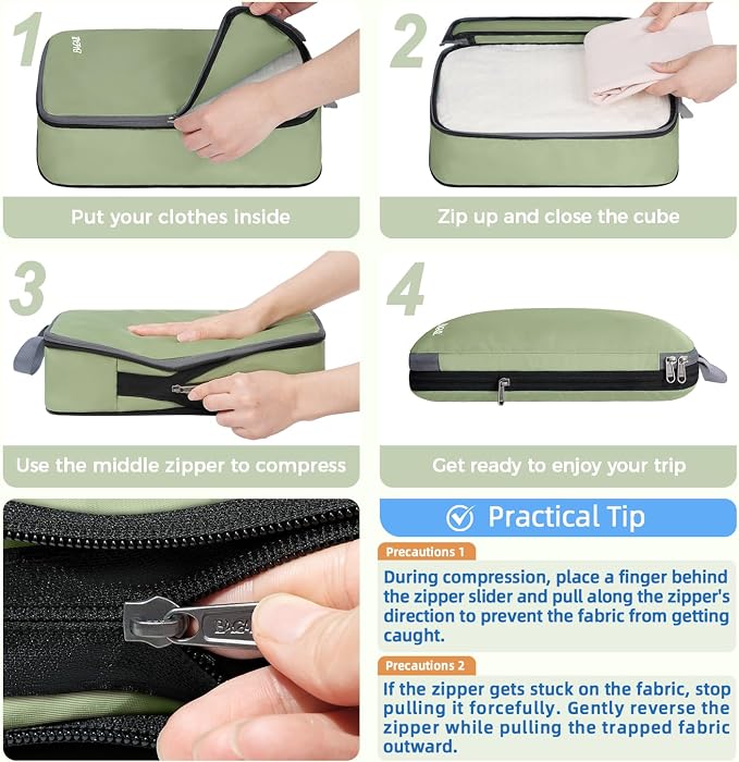 BAGAIL 4 Set/6 Set/8 Set Compression Packing Cubes Travel Accessories Expandable Packing Organizers (Cloth Pattern, 4-Matcha Green) - Image 4