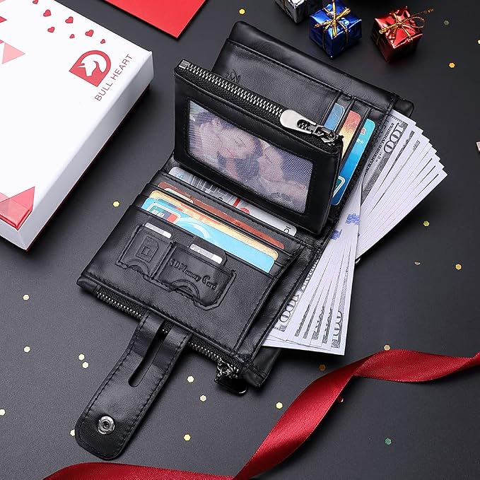 Mens Wallet with Chain Genuine Leather Purse RFID Blocking Bifold Double Zipper Coin Pocket with Anti-Theft Chain - Image 6