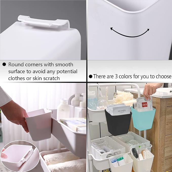 6 Pack Hanging Cup Holder for Rolling cart Accessories Hooks Little Hanging Buckets Hanging Storage Bins Craft Supplies for Rolling Utility Cart Slim Storage Cart (Black) - Image 6