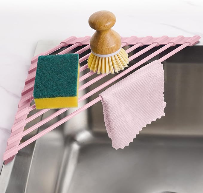 Tomorotec Triangle Roll Up Dish Drying Rack with Silicone Coating, Pink | 304 Stainless Steel with BPA-Free Silicone, Triangle Design Maximizes Sink Corner Space, Fits Compact Kitchens And RVs by Tomorotec