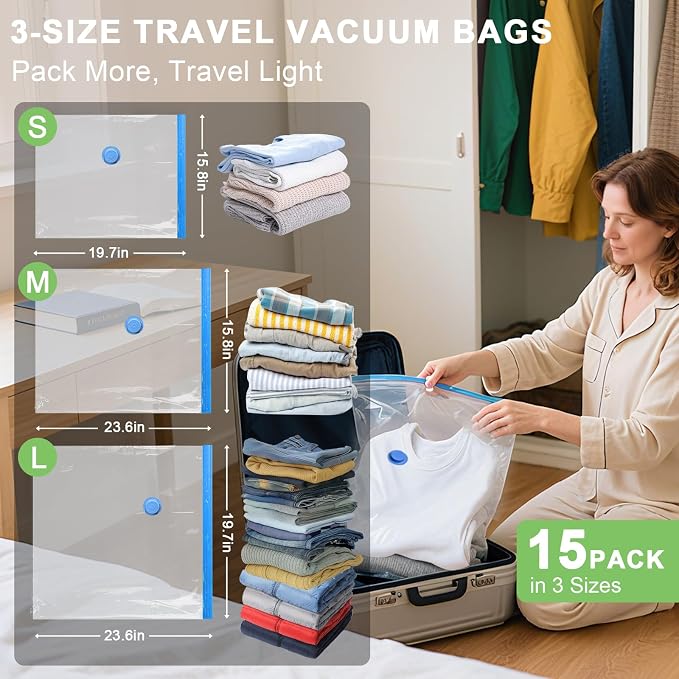 15 Pack Vacuum Seal Bags for Clothing Travel with -60000Pa USB Pump, Save 80% of Space for Clothes (15 Combo) - Image 5