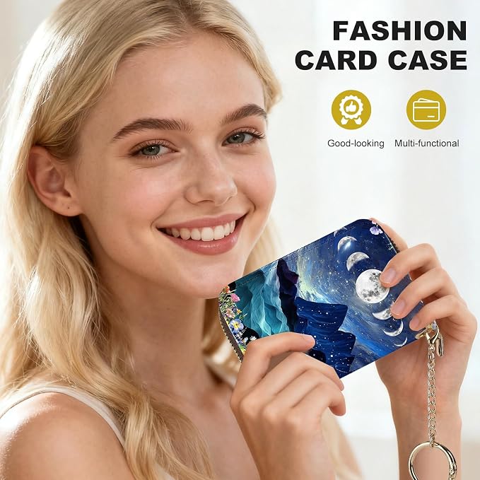 Credit Card Holder for Women,Small Rfid Wallet with Keychain Zipper,Cute PU Leather Card Case Wallet，Accordion Credit Card Wallets Gift,Moon Mountains - Image 6