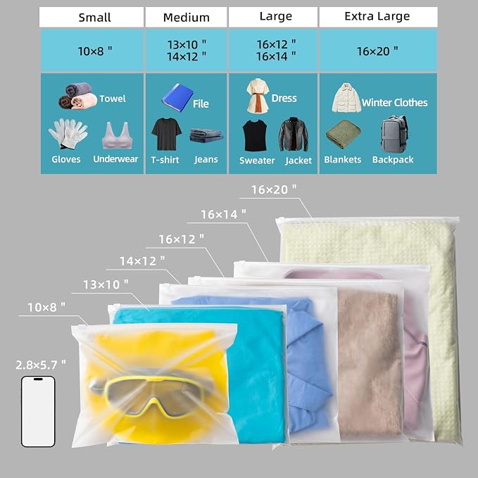 16x14 Inch Plastic Bags for Clothes 25Pcs Frosted Zipper No Vent Holes | Plastic Frosted Clear Bags for Travel Storage Small Businesses for Apparel Blankets Backpack and Winter Clothes 3 Mil - Image 3