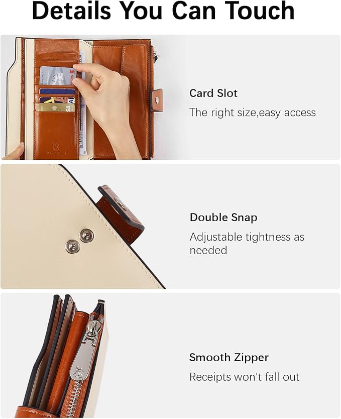BOSTANTEN Womens Leather Wallet RFID Large Capacity Credit Card Holder | 20 Card Slots, Phone Holder, Zipper Coin Pocket, Clutch Wallet, Long Bifold, Ladies Gifts, Beige-Brown - Image 5