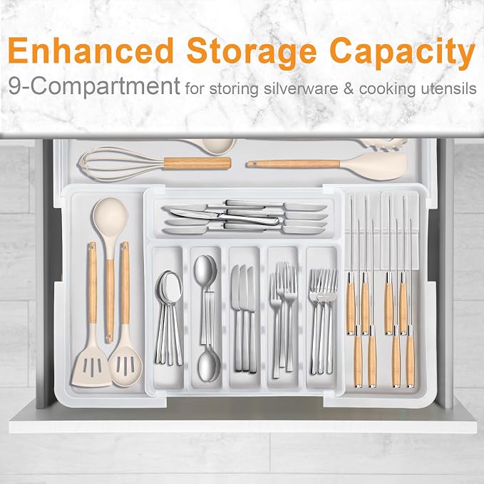 Homecor Silverware Organizer for Kitchen Drawer, Expandable Utensil Drawer Organizer with 2 Knife Block, Flatware and Cutlery Holder, Adjustable Plastic Storage for Spoons Forks Knives - Image 4