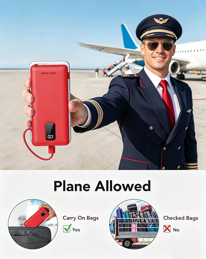 charmast Portable Charger Power Bank 10000mAh with Built-in AC Wall Plug | Built-in Cables,5 Outputs,Flight-Safe,Slim Travel Phone Charger for iPhone 17 14,Samsung Galaxy,iPad,Android,Smartwatch,etc - Image 8