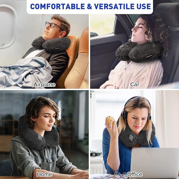 Rewondah Inflatable Travel Pillow, Inflatable Neck Pillow for Traveling Airplane, Travel Pillow with Soft Velour Washable Cover, U Shape Blow Up Neck Pillow for Airplanes Train Car Travel - Image 3