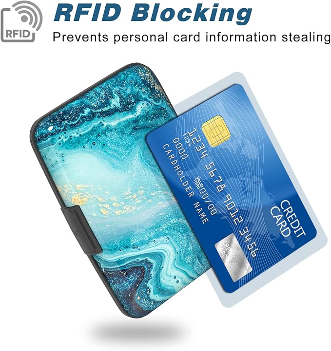 Credit Card Holder, Mini Aluminum Card Wallet RFID Blocking Slim Metal Hard Card Case for Women Men, Blue Ocean Marble - Image 2