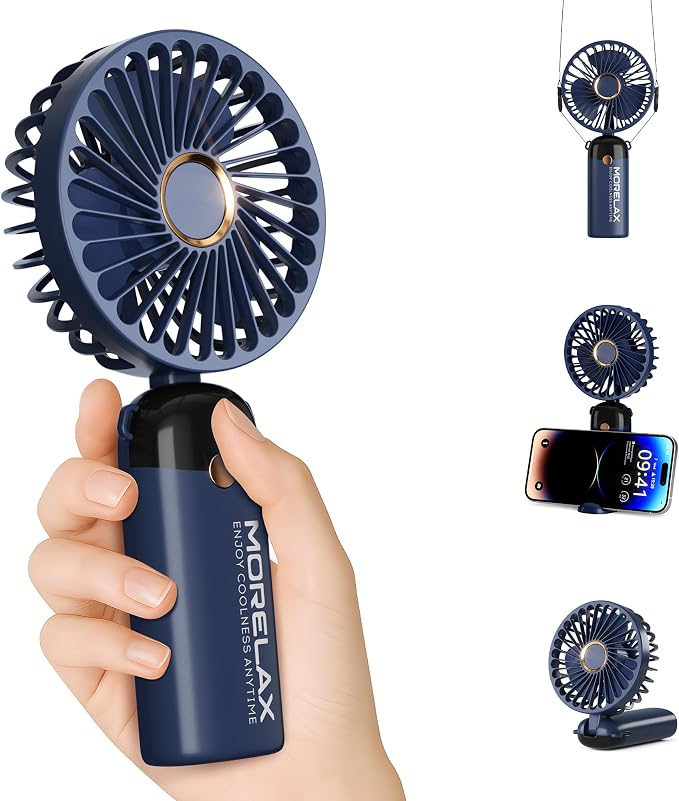 Morelax Handheld Mini Fan,USB Rechargeable Fodable Personal Fans 4000mAh,90 Adjustable, 6 Speed Strong Wind,Portable Fan Pocket Design 5 IN 1Cooling Table Fan for Office School Outdoor Travel,Blue by Morelax