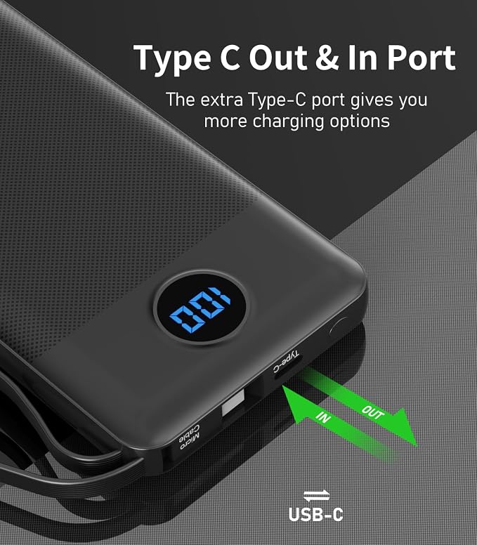 Portable Charger with Built in Cables, Slim 10000mAh Power Bank, USB C Battery Pack Travel, 4 Output 2 Input External Charging Bank for iPhone 17/16/15/14/13,Samsung, Android, etc-Black(1 Pack) - Image 7