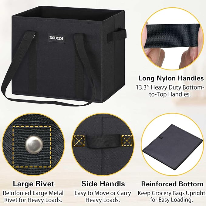 Reusable Grocery Bags 3 Pack - 800D Heavy Duty Oxford Shopping Bags with Metal Rivet Reinforced Handles & Sturdy Bottom, Foldable Grocery Totes, Holds 65+ lbs, Black - Image 6