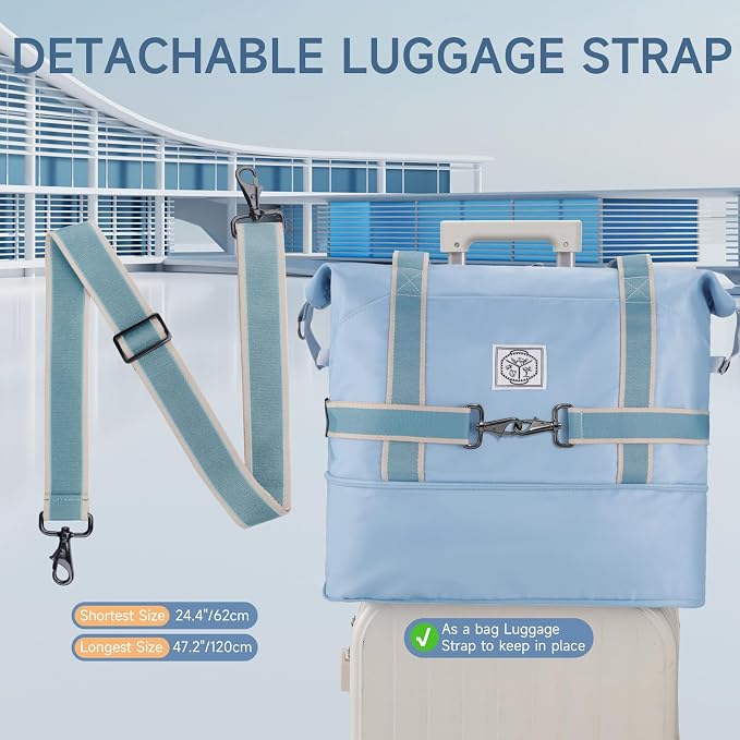 WALNEW Travel Duffel Bag, Weekender Bag for Women, Light Blue | Overnight Carry On Bag, Foldable Waterproof Gym Luggage with Metal Buckle Detachable Shoulder Strap and Wet Compartment - Image 7