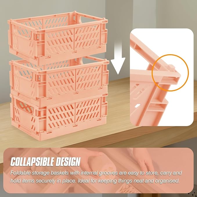 4 Pcs Collapsible Storage Crates, 10x5.9x4 inches Space-Saving Folding Containers, Stackable Plastic Boxes for Home Kitchen Office Bedroom Bathroom, Light Orange - Image 4