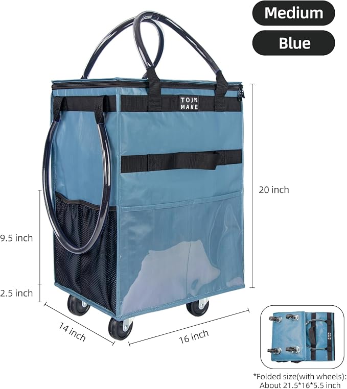 Reusable Grocery Bag On Wheels, Shopping Trolley, Rolling Tote with 8 Pockets and Zipper Cover, Foldable, Heavy Duty Handles, Carries Up to 46 LBS (Medium, Blue) - Image 2