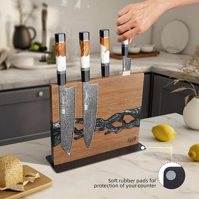 Magnetic Knife Block, Double-Sided Knife Holder with Strong Magnets, Acacia Wood and Black White Resin, Countertop Kitchen Knife Storage Stand (12 × 10 Inches, Without Knives) - Image 6