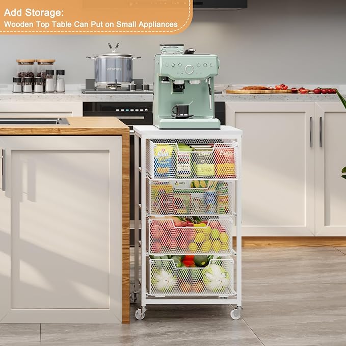 4-Tier Kitchen Storage Cart - Fruit Vegetable Storage Cart with Drawers, Wooden Top Metal Wire Kitchen Organizer and Storage Cart with Wheels to Storage Onions Potatoes Cans Snacks for Kitchen - Image 4