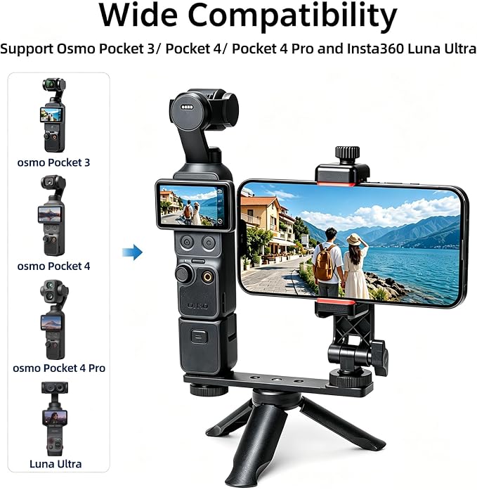 Phone Holder Mount with Mini Tripod for DJI Osmo Pocket 4/3, Vlog Rig with Cold Shoe & 1/4" Thread, 180° Adjustable Phone Clip for Live Streaming & Vlogging - Image 2