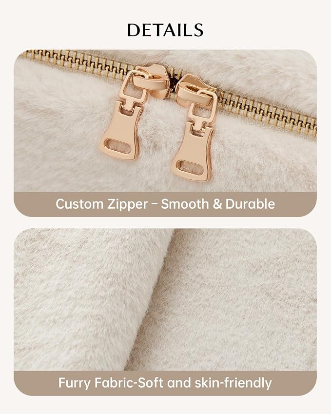 EACHY Travel Makeup Bag for Women, Faux Fur Cosmetic Bag, Beige, Medium | Faux fur bag with flat-open access, inner storage and clear TPU brush pocket for makeup, toiletries and travel essentials - Image 5
