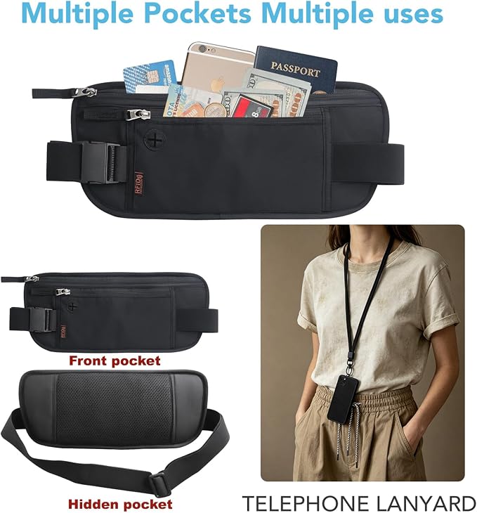 Money Belt for Travel with Anti-Theft RFID Blocking Fabric, Phone Lanyard, Upgrade Larger Hidden Passport Holder, Slim Waist Wallet Men Women,Travel Pouch Fits Passport Phone Cash Cards, Black - Image 2