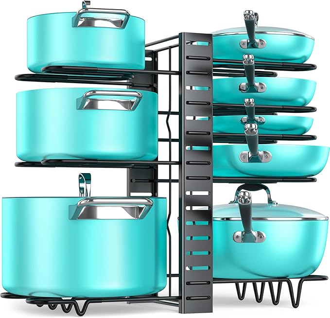 MUDEELA 8-Tier Lightweight pot and pan organizer for under cabinet, 16.6" H | 3 DIY Methods, Holds up to 12-inch cookware neatly, Adjustable Pot Pan Rack, Pot Lid holder for Kitchen, Easy Assembly by MUDEELA