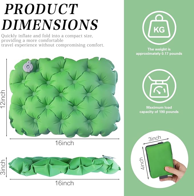 Inflatable seat Cushion-Travel Cushion Lnflatable Portable Air Sitting Pad for Stadium Camping OfficeCan also be used for lumbar and back support Lightweight Waterproof Camp Chair Accessories (Green) - Image 2