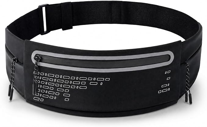 Running Belt Fanny Pack Men Women, Slim No-Bounce Waterproof Phone Holder | Adjustable Elastic Strap Fits 27-43" Hips, Detachable Race Bib Clips, Energy Gel & Sunglasses Loops, 3 IPX4 Pockets by MORKSUKYSAFETY