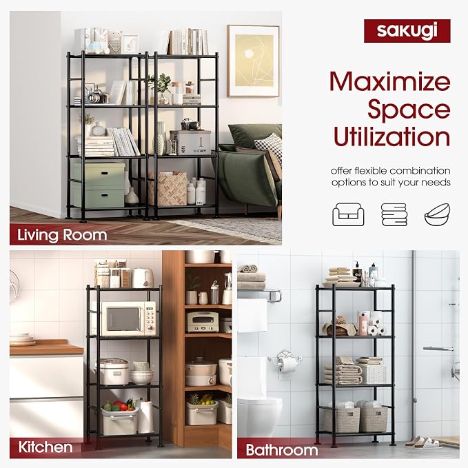 Sakugi Storage Shelves - 4 Tier Shelf Organizer, Heavy Duty Garage Shelving Unit with Leveling Feet, Stable Metal Shelves Organizer for Pantry, Kitchen and Closet, 18.4" W x 12.6" D x 44.2" H, Black - Image 6