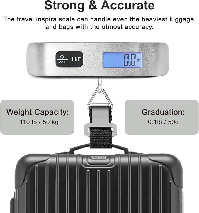 travel inspira Luggage Scale, Portable Digital Hanging Baggage Scale for Travel, Suitcase Weight Scale with Rubber Paint, 110 Pounds, Battery Included - Image 3