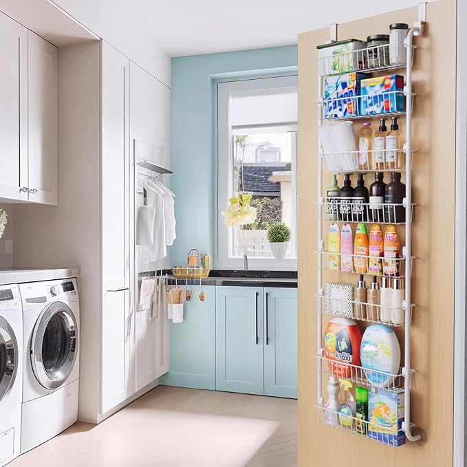 Delamu Over The Door Pantry Organizer, 8-Tier Metal Pantry Door Organization and Storage for Easy Install, Hanging Spice Rack Seasoning Shelves, Door Organizer for Kitchen, 4.65"D x 18"W x 65"H, White - Image 7