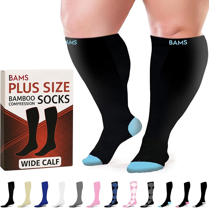 BAMS Plus Size Compression Socks Wide Calf XL XXL XXXL – Graduated Knee-High Support, Viscose from Bamboo Easy-On/Easy-Off by BAMS