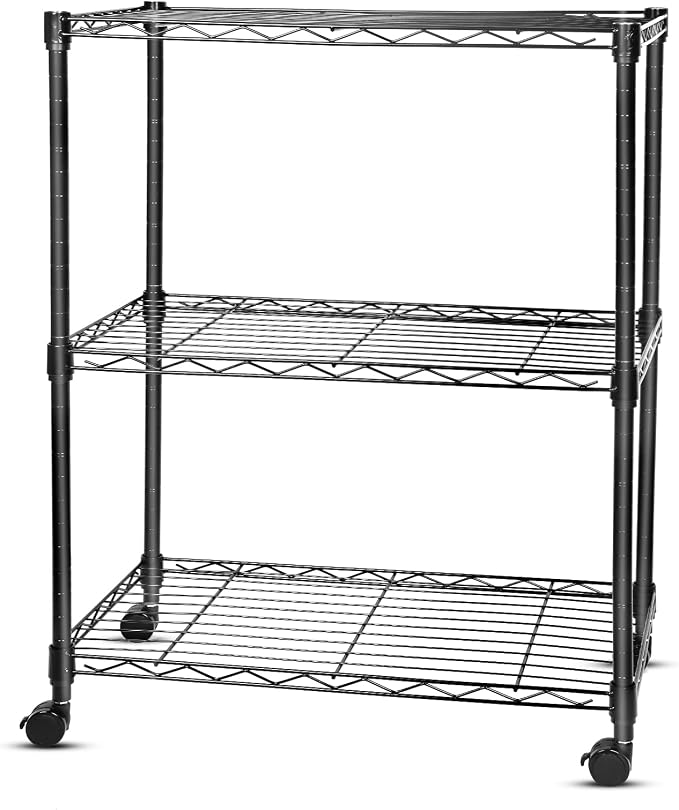 Whitmor 3 Tier Storage Shelves, Heavy Duty with Wheels, Adjustable Wardrobe Rack, 400 lbs Capacity per Shelf, Max 1200 lbs Total for Kitchen, Bathroom, Garage, 24" L x 14" W x 30.5" H, Black by Whitmor