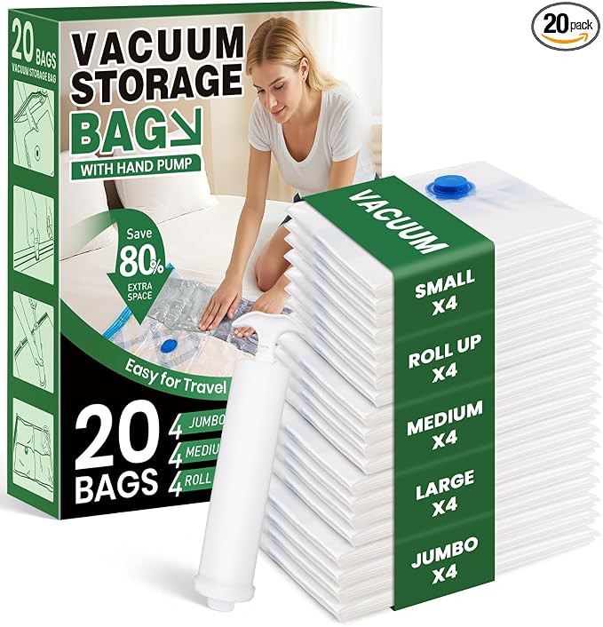 Vacuum Storage Bags,20Pack Vacuum Seal Bags for Clothing,Travel,Clothes,Comforters,Blankets,Pillows-4 Jumbo+4 Large+4 Medium+4 Small+4 Roll Up Space Saving Bag Hand Pump Inclued by FUNFERY