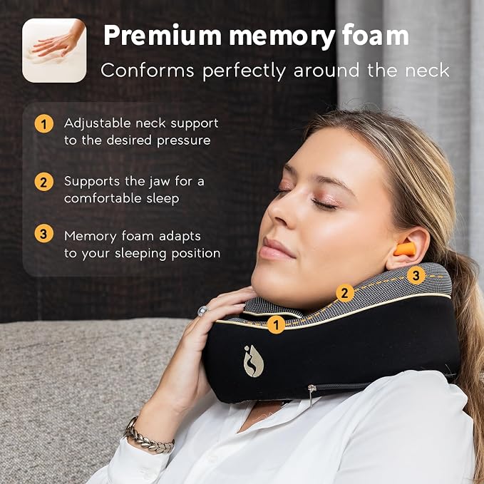 Neck Pillow Airplane - Travel Pillow - Comfortable and Ergonomic Memory Foam - Airplane Pillow with 360° Head & Neck Support - Black - Image 4