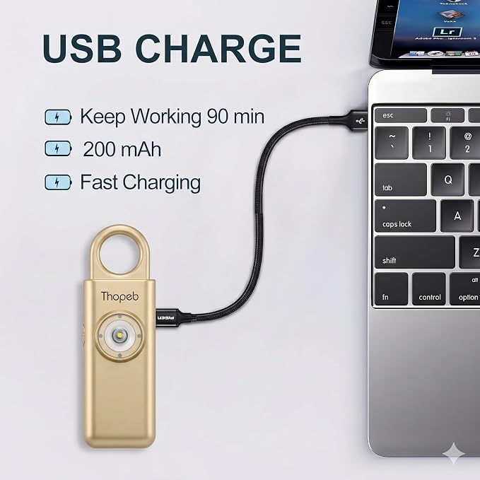 Thopeb Personal Safety Alarm for Women – Upgraded Rechargeable | Strobe with Separate Switch, 135dB Siren, Long-Lasting Protection, Stylish Keychain (Metallic Gold) - Image 2
