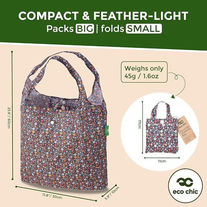 ECO CHIC Foldable Reusable Grocery Bags - Lightweight, Recycled & Reusable Shopping Bag - Waterproof Packable Tote - Image 3