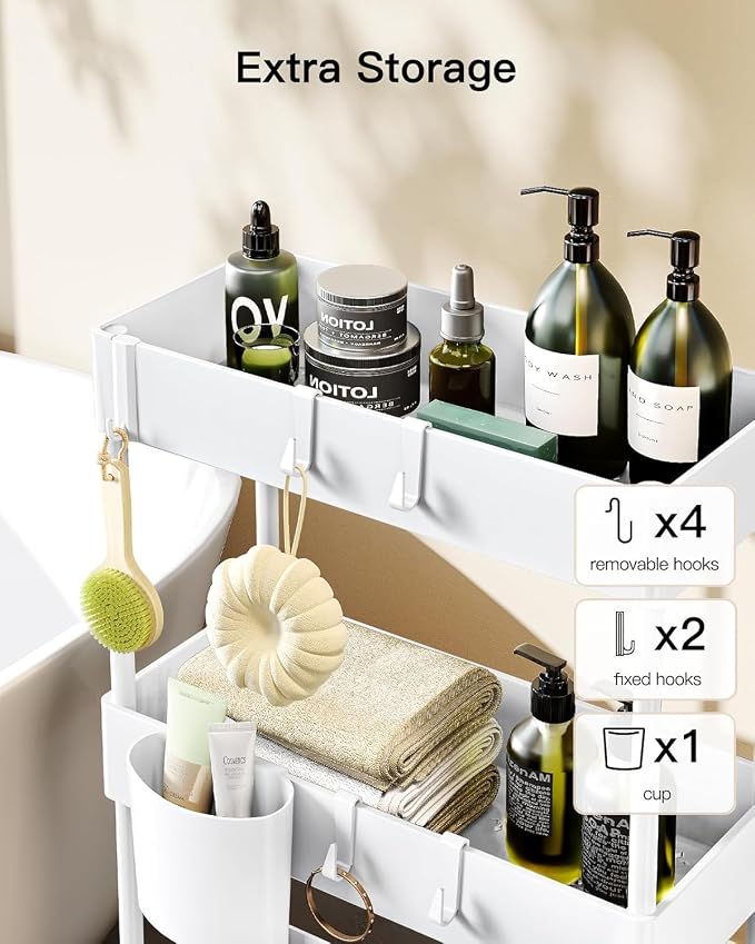 Pipishell 3 Tier Slim Storage Cart with Wheels, Bathroom Cart, White | 7.1 inch Wide - Fits Narrow Spaces, Storage Cup and 6 Hooks, Ventilation Holes, Durable ABS Material, Detachable Wheels - Image 5