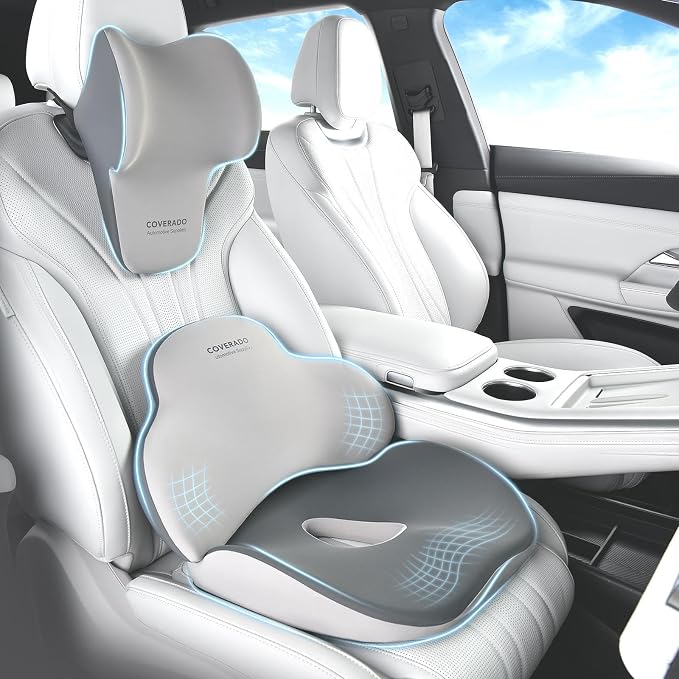 Coverado Car Seat Cushion and Lumbar Support with Headrest Pillow Memory Foam Ergonomic Back Support Driving Seat Cushion Neck Head Pillow, Back Pain Relief, Cushion for Car Driver Office by COVERADOAUTO