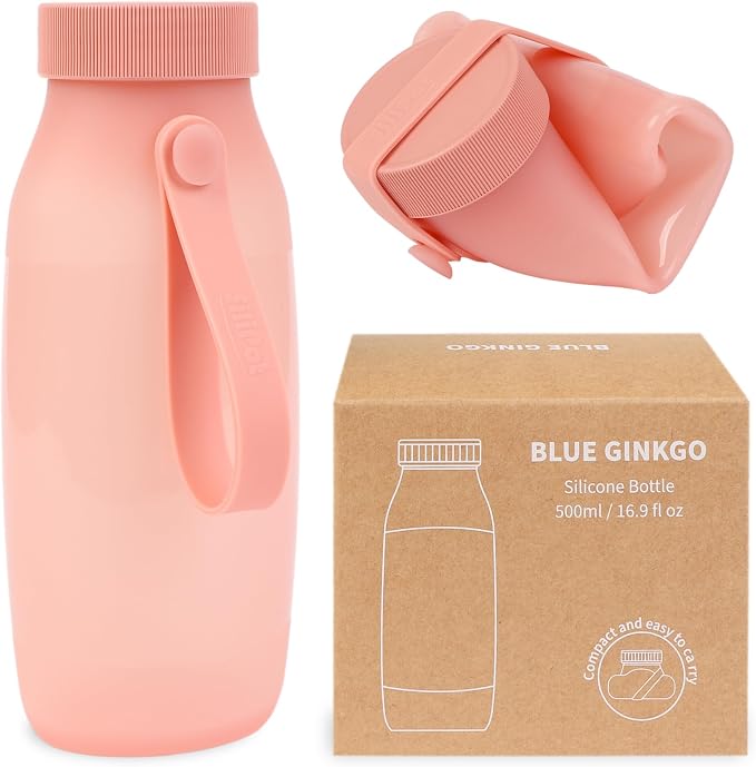 BLUE GINKGO Collapsible Water Bottle – Lightweight, Foldable Silicone Bottle for Travel, Hiking, and Camping (16.9oz, Made in Korea, Rose Pink) by BLUEGINKGO